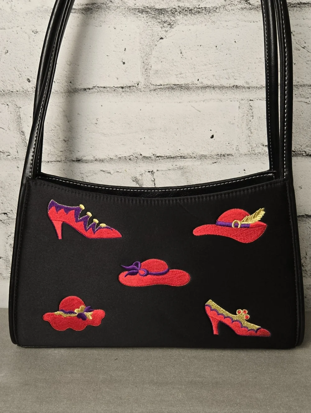 Vintage Style Black Shoulder Bag Embroidered Shoes Hats Purse - Picture 2 of 10